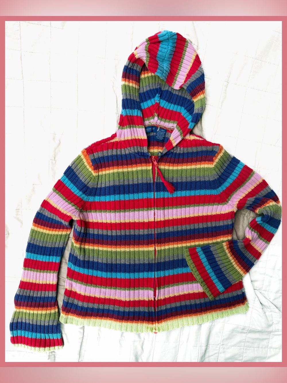 American Girl Hooded Zip Knit Kid Rainbow Sweater XL 13 14 15 Warm Thick Jacket